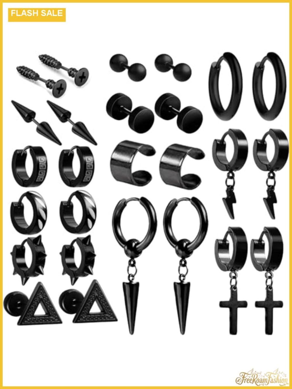26 PCS Punk Goth Earring Set, Dangle Stud Spike Jewelry, Stainless Steel,